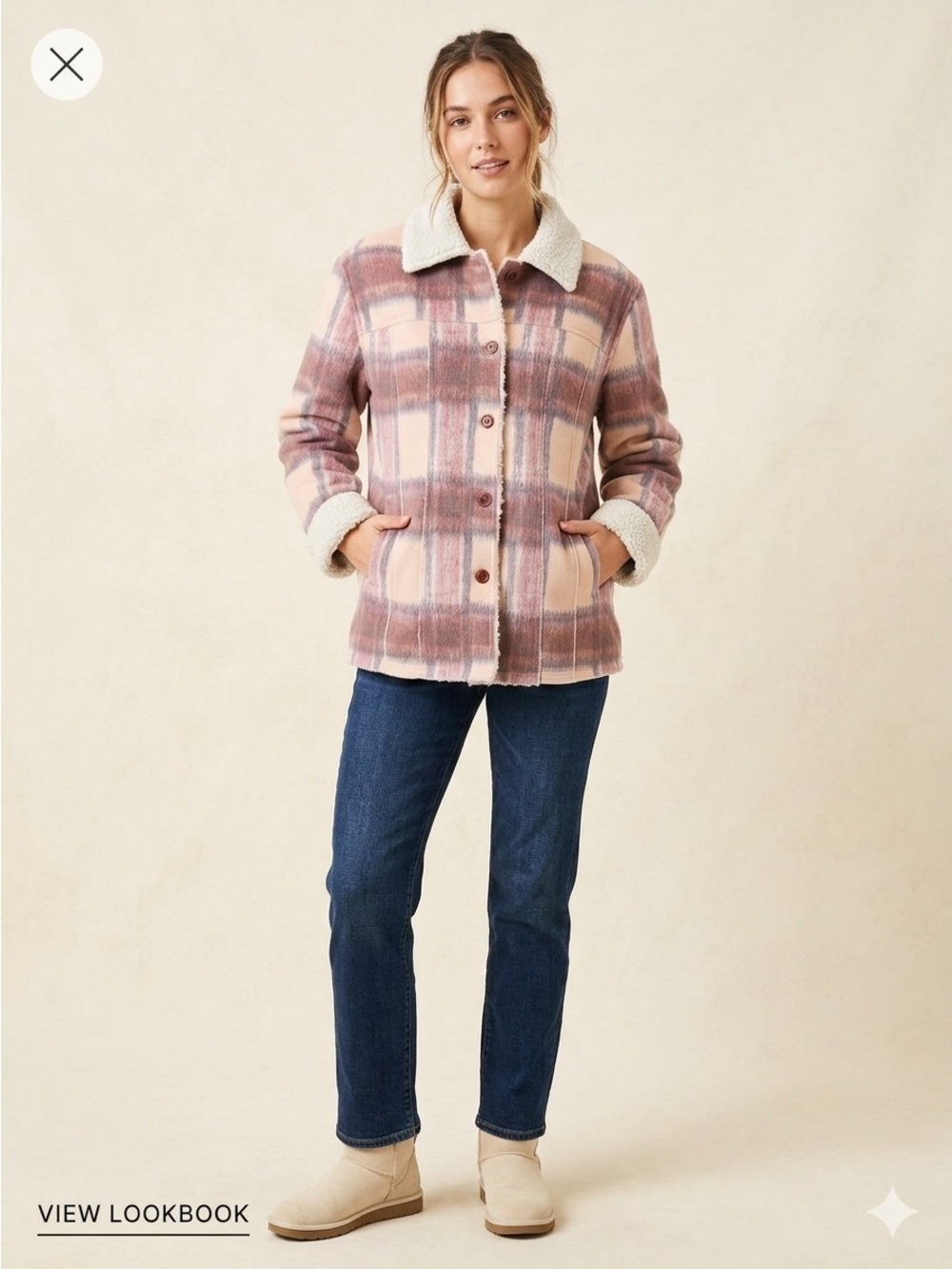 Ethyl Collared Plaid Faux Suede Sherpa Lined Buttoned Up Jacket
